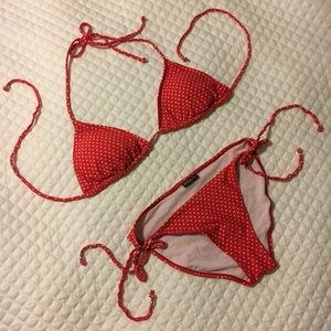 Red and white polka dot bikini.